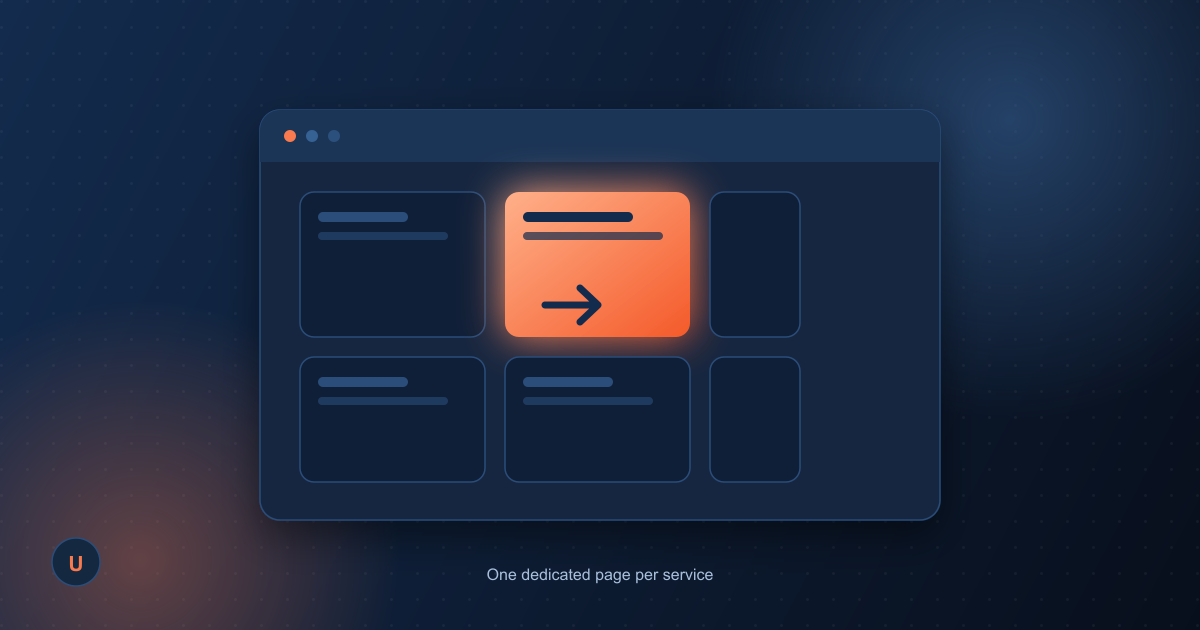 A browser window showing a grid of service cards linking out to individual detail pages