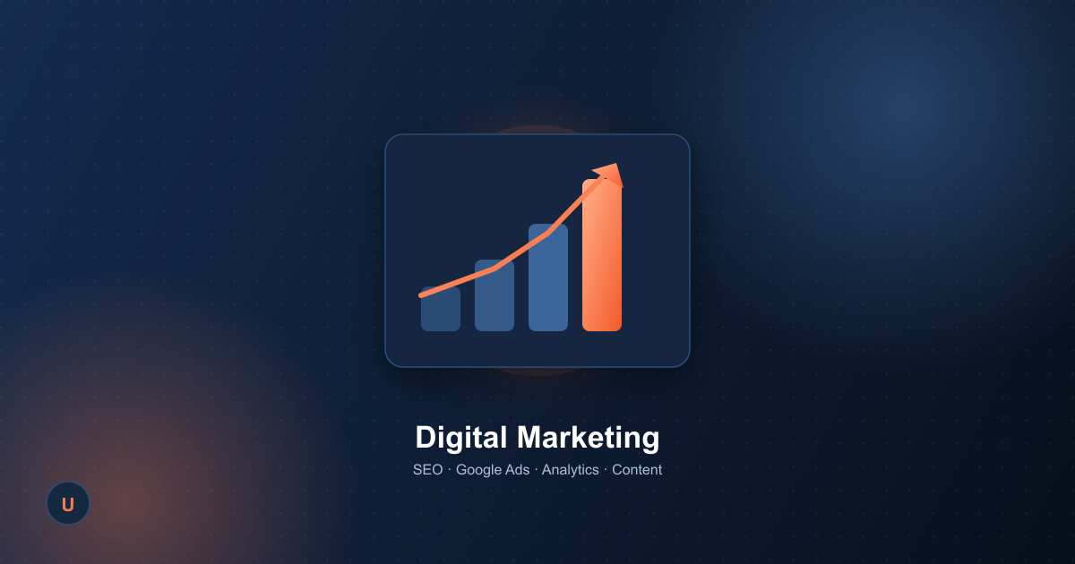 An upward-trending bar chart with an arrow, representing digital marketing growth